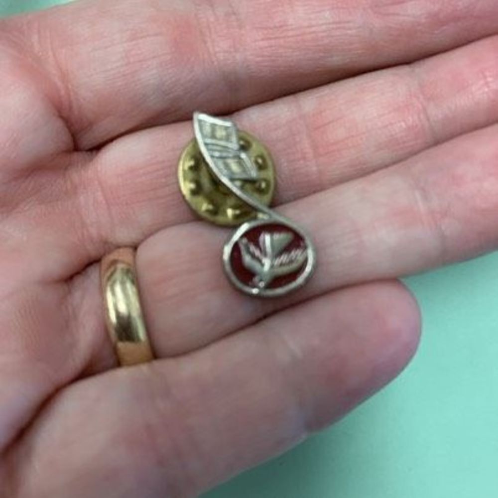 Gold Tone Bird With Red Background Musical Note Pin